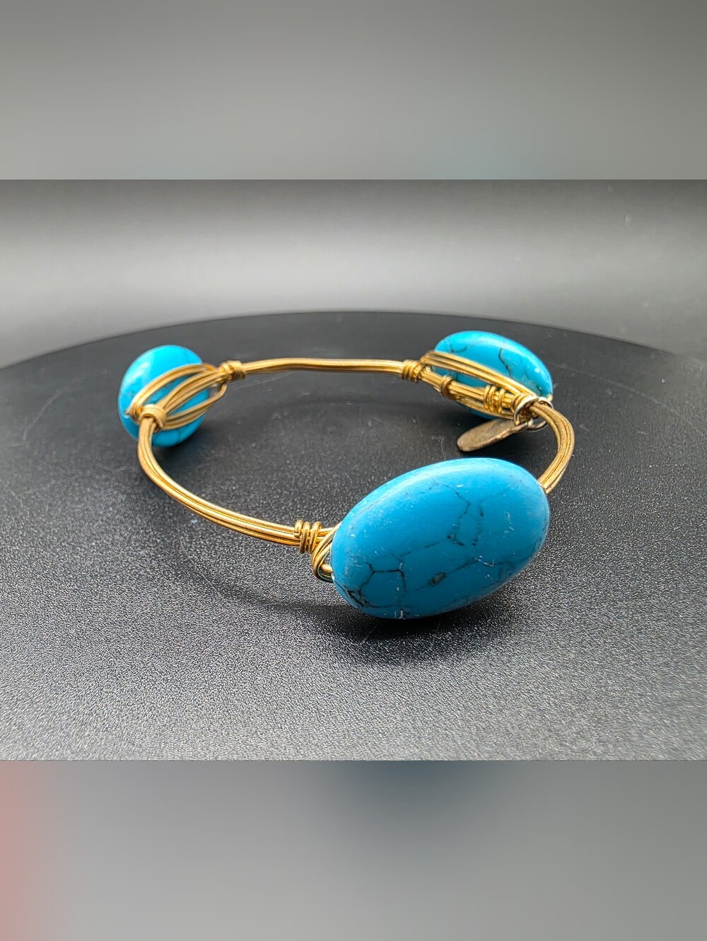 Bourbon & Bowties Turquoise Stone Gold-Tone Wire Bangle Bracelet Jewelry